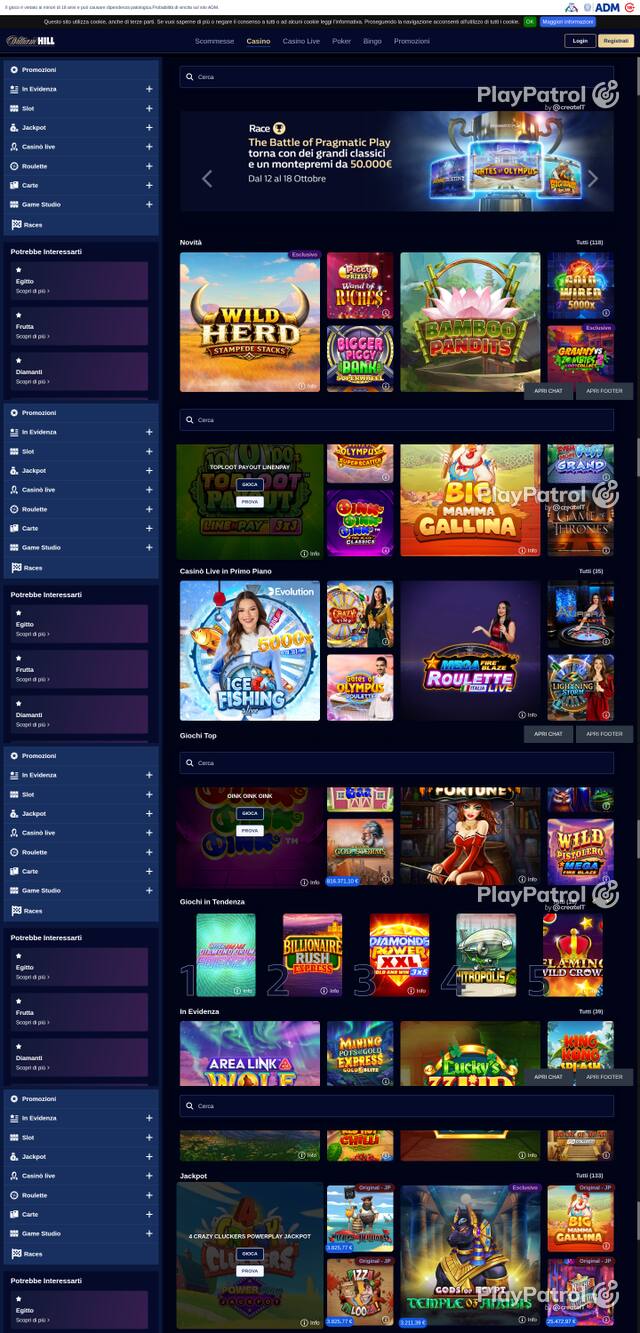Capture of the front page of William Hill (casino.williamhill.it) on 16 October 2026