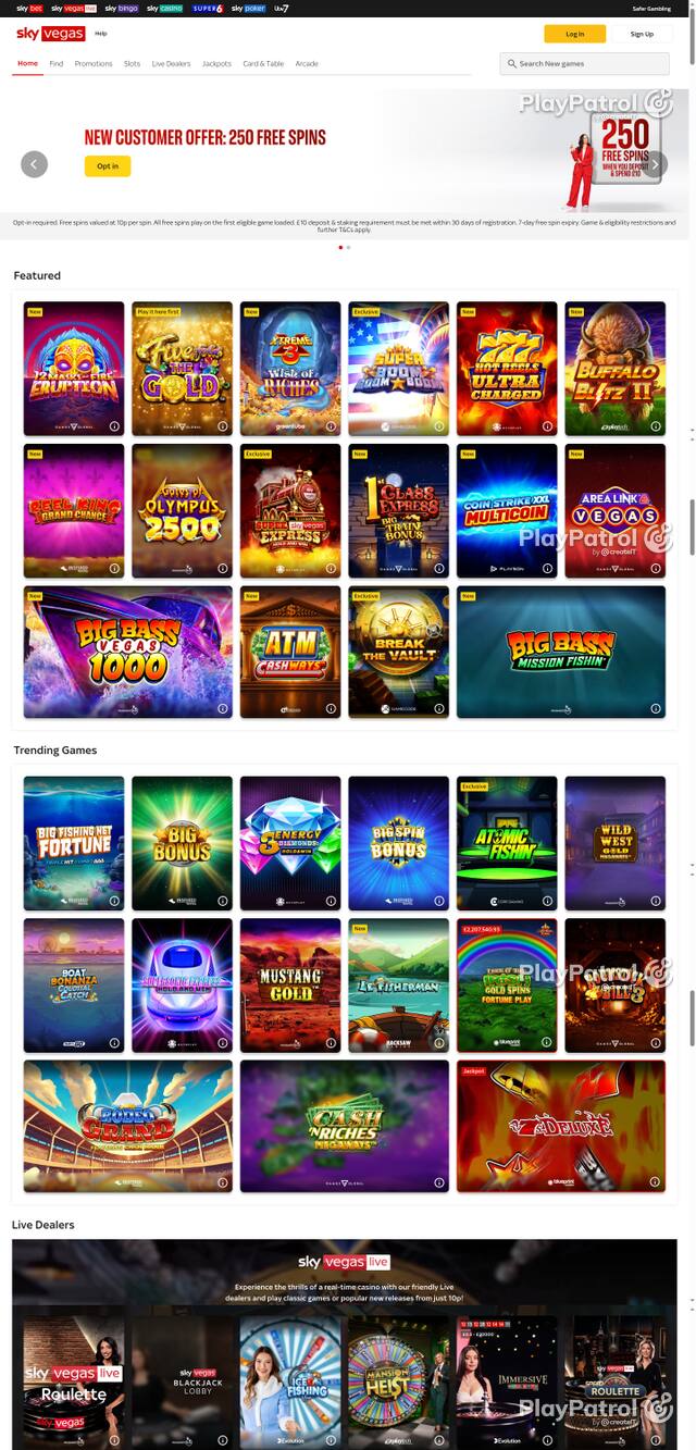 Capture of the front page of Sky Vegas (skyvegas.com) on 6 October 2026