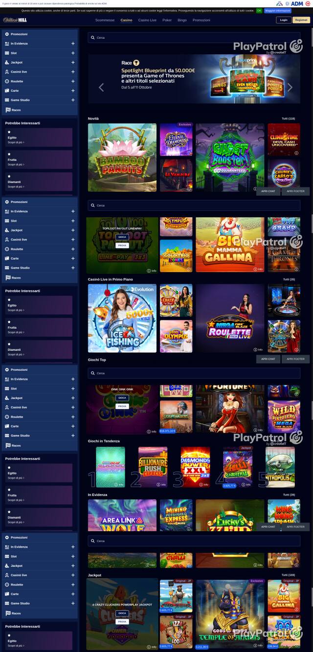 Capture of the front page of William Hill (casino.williamhill.it) on 8 October 2026