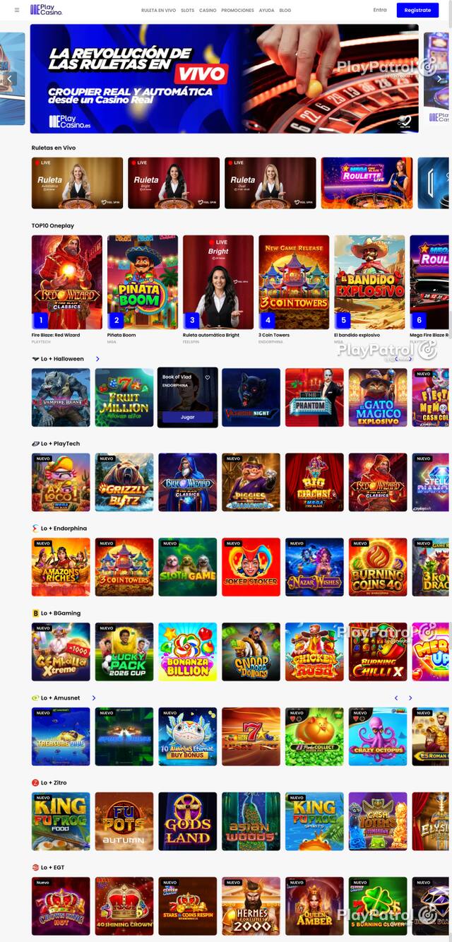 Capture of the front page of OnePlay Casino (oneplaycasino.es) on 25 October 2026