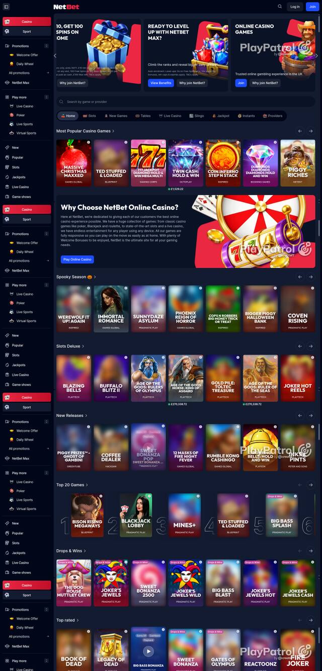 Capture of the front page of NetBet Casino (netbet.co.uk) on 25 October 2026