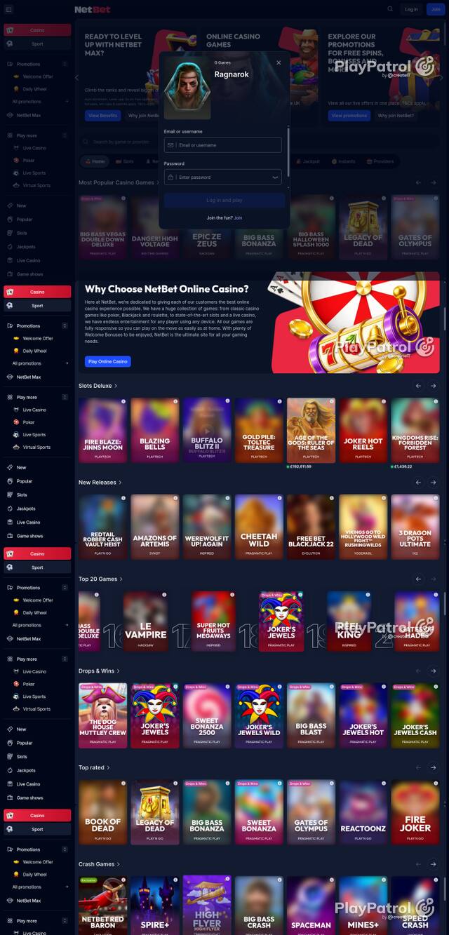 Capture of the front page of NetBet Casino (netbet.co.uk) on 18 October 2026