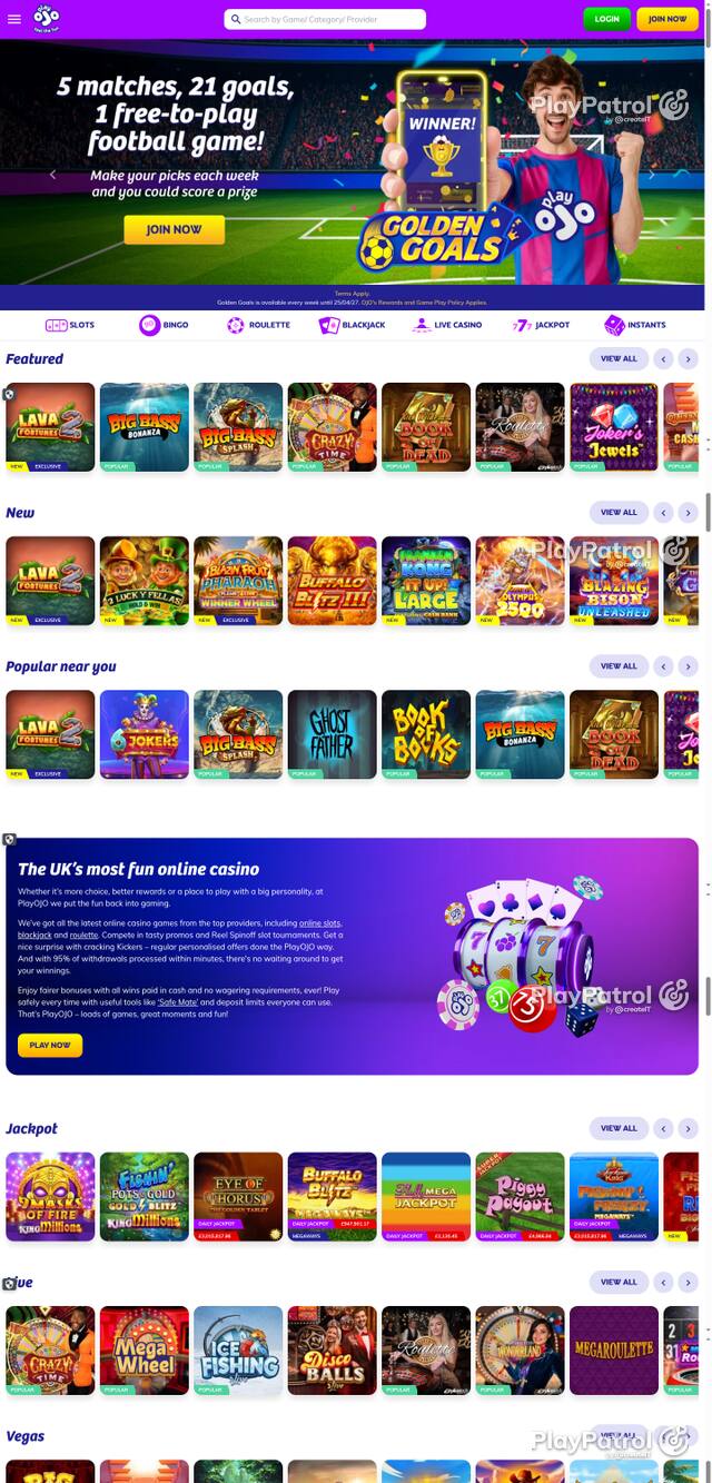Capture of the front page of PlayOJO (playojo.com) on 16 October 2026
