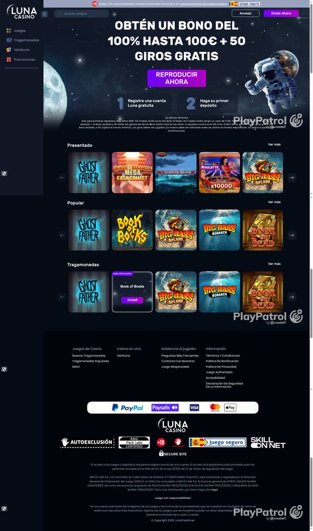 Capture of the front page of Luna Casino (lunacasino.es) on 8 October 2026