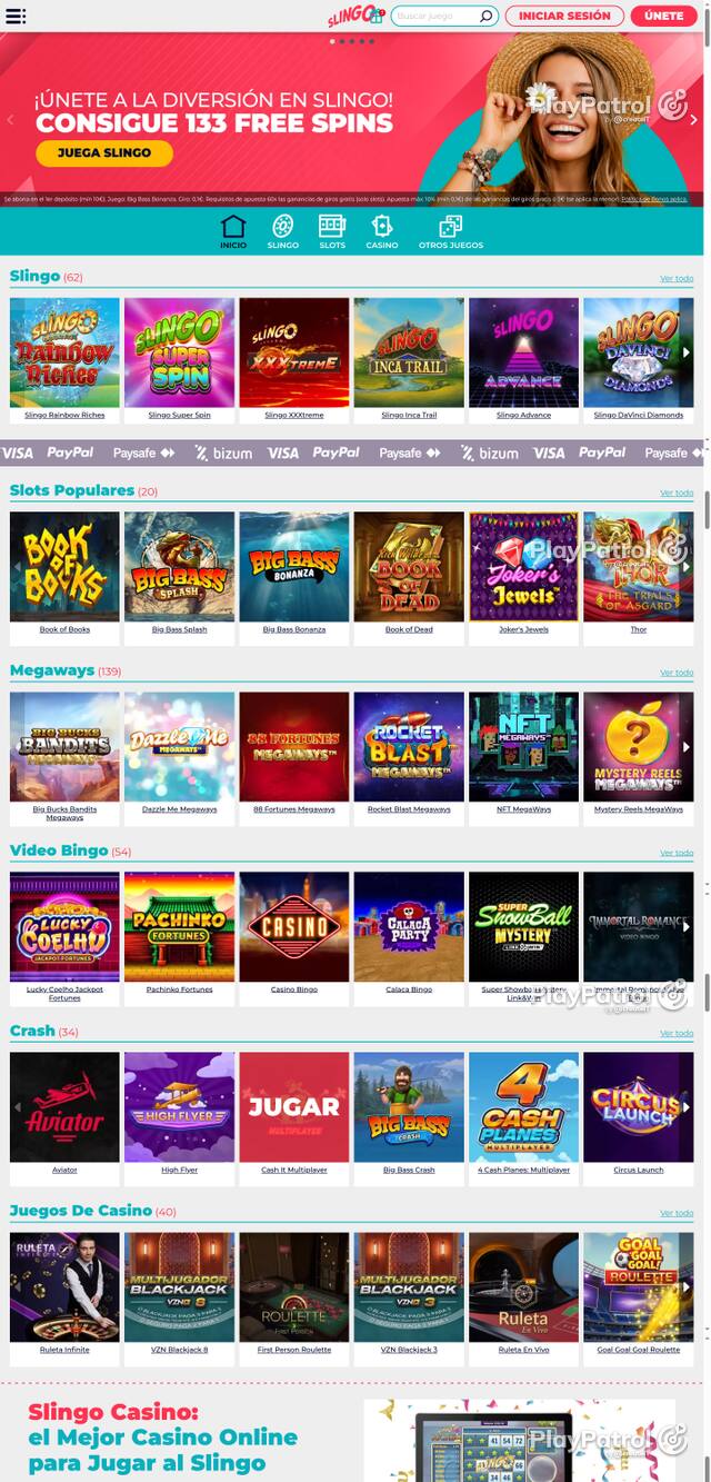 Capture of the front page of Slingo Casino (slingocasino.es) on 29 October 2026