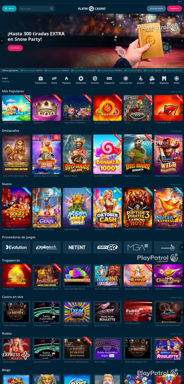 Capture of the front page of Platin Casino (platincasino.es) on 9 October 2026