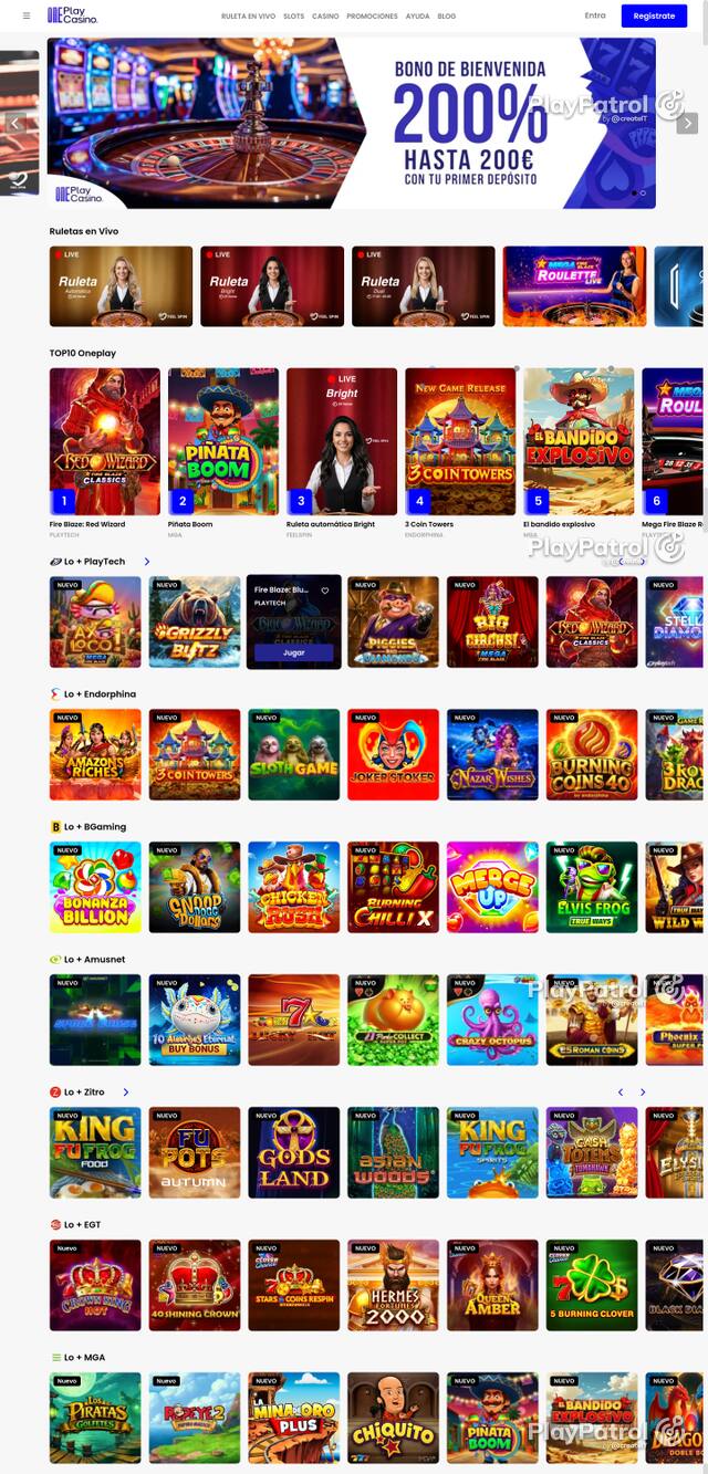 Capture of the front page of OnePlay Casino (oneplaycasino.es) on 13 October 2026