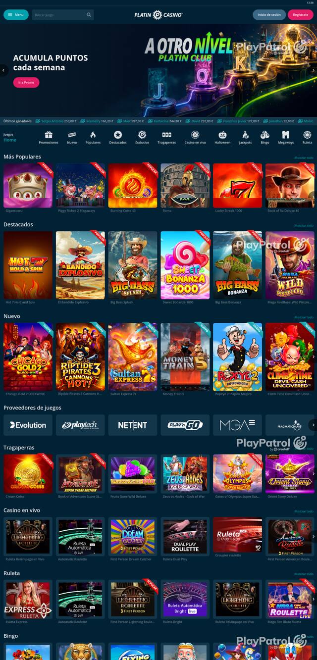 Capture of the front page of Platin Casino (platincasino.es) on 24 October 2026