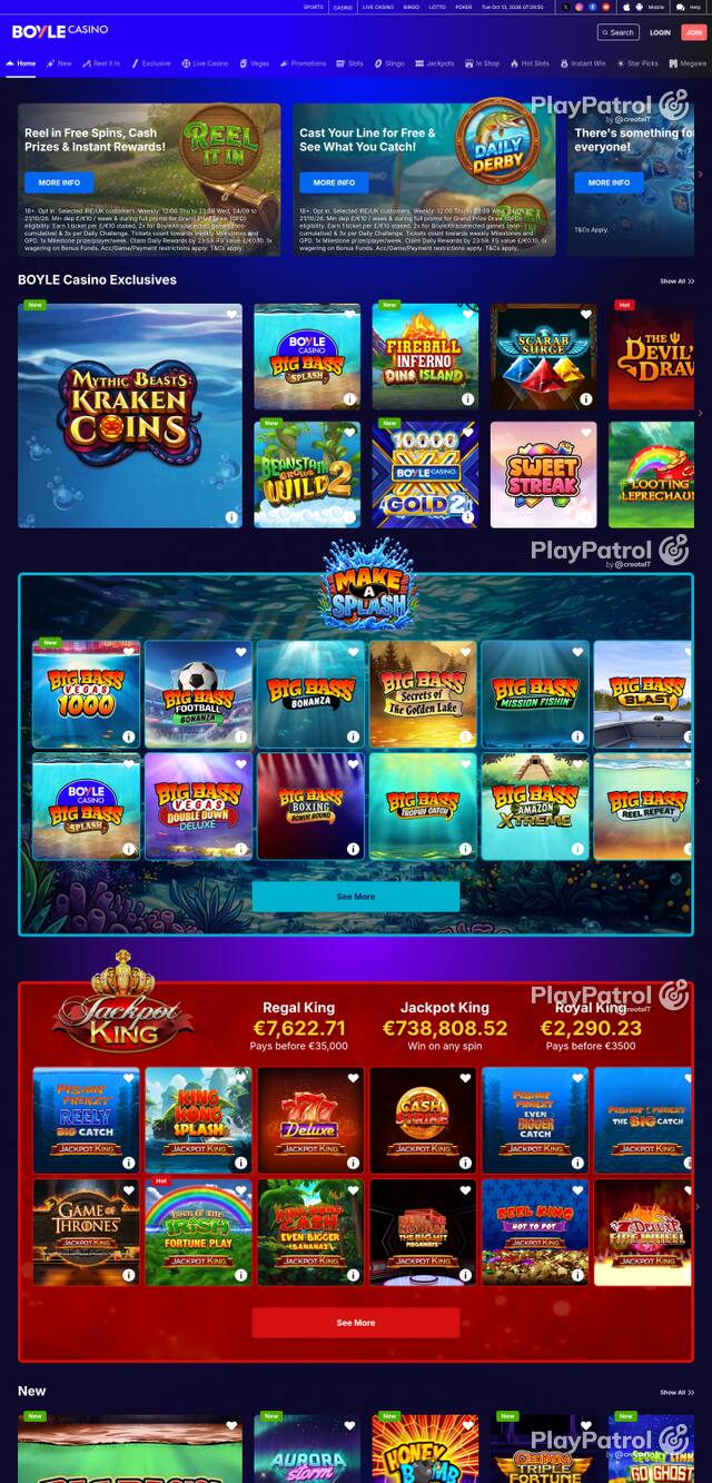 Capture of the front page of BoyleSports Casino (games.boylesports.com) on 13 October 2026