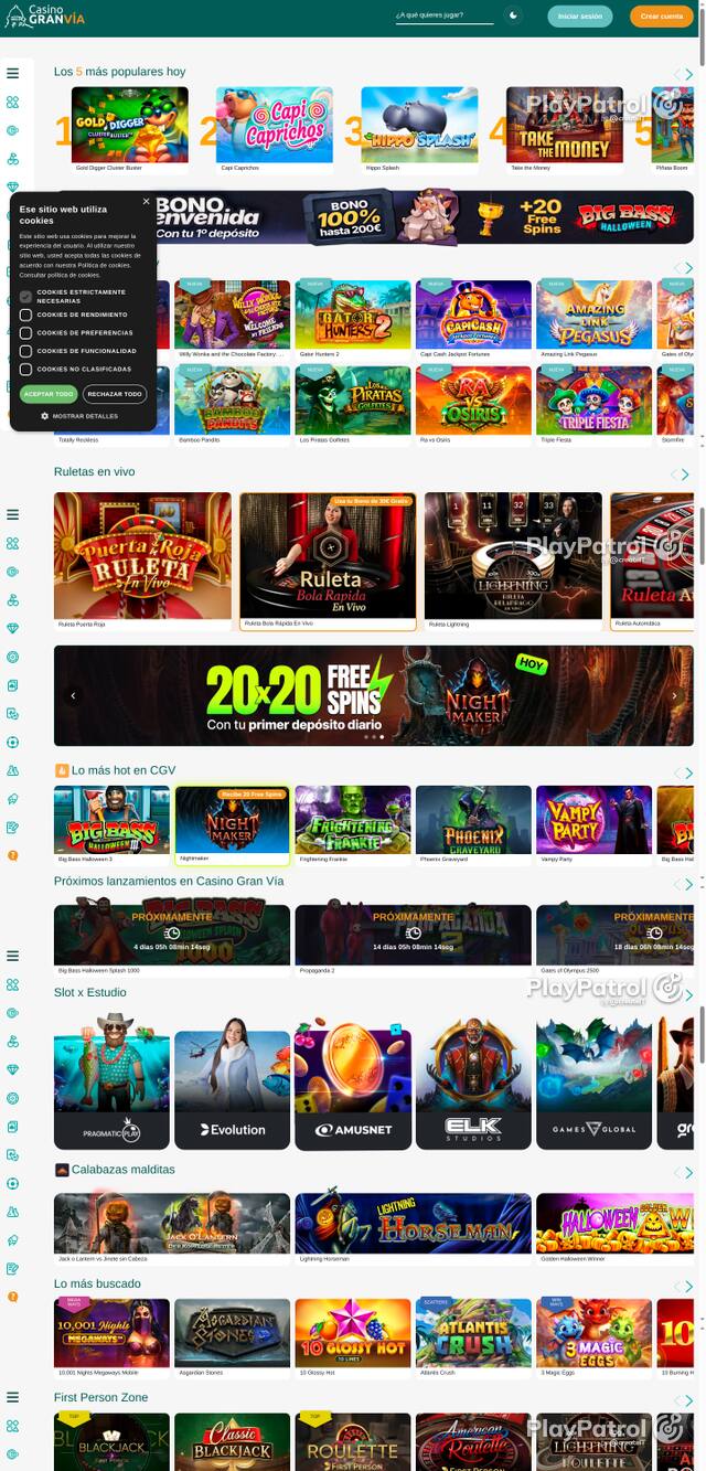 Capture of the front page of Casino Gran Vía (casinogranvia.es) on 8 October 2026