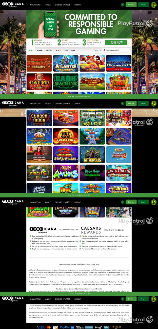 Front page of tropicanacasino.com as captured on 29 October 2026