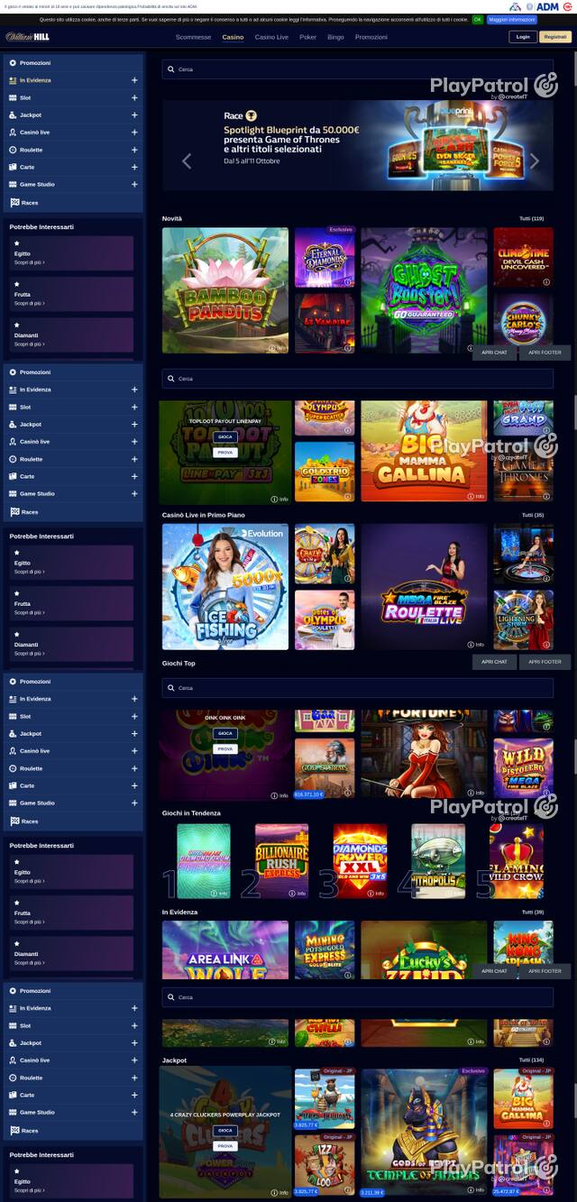 Capture of the front page of William Hill (casino.williamhill.it) on 9 October 2026