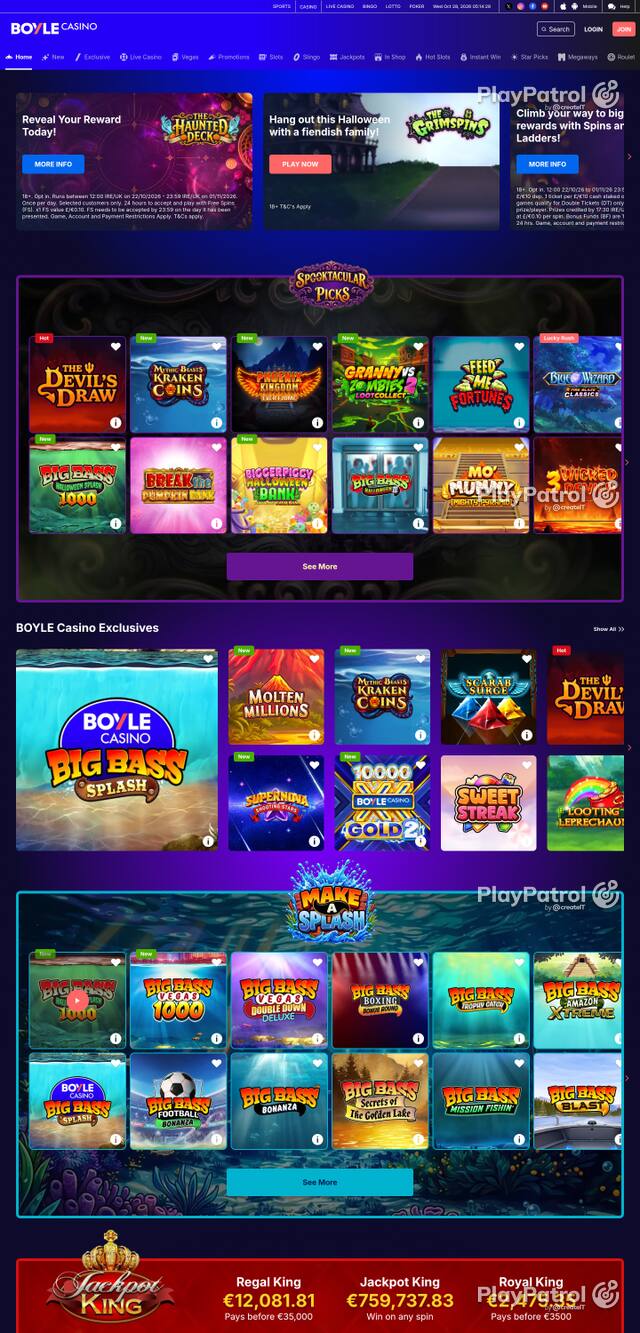 Capture of the front page of BoyleSports Casino (games.boylesports.com) on 28 October 2026
