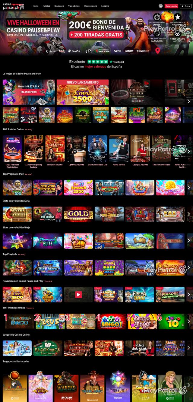 Capture of the front page of Casino Pause and Play (casinopauseandplay.es) on 27 October 2026