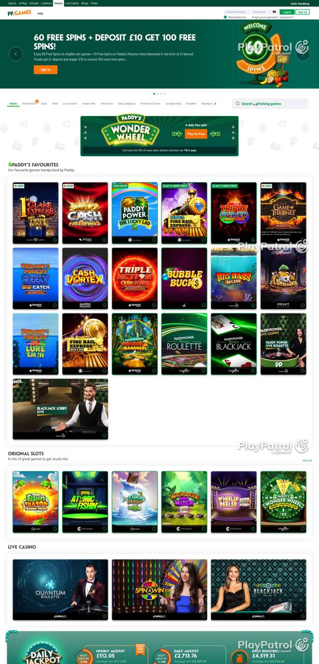 Homepage capture of Paddy Power Games recorded during the scan