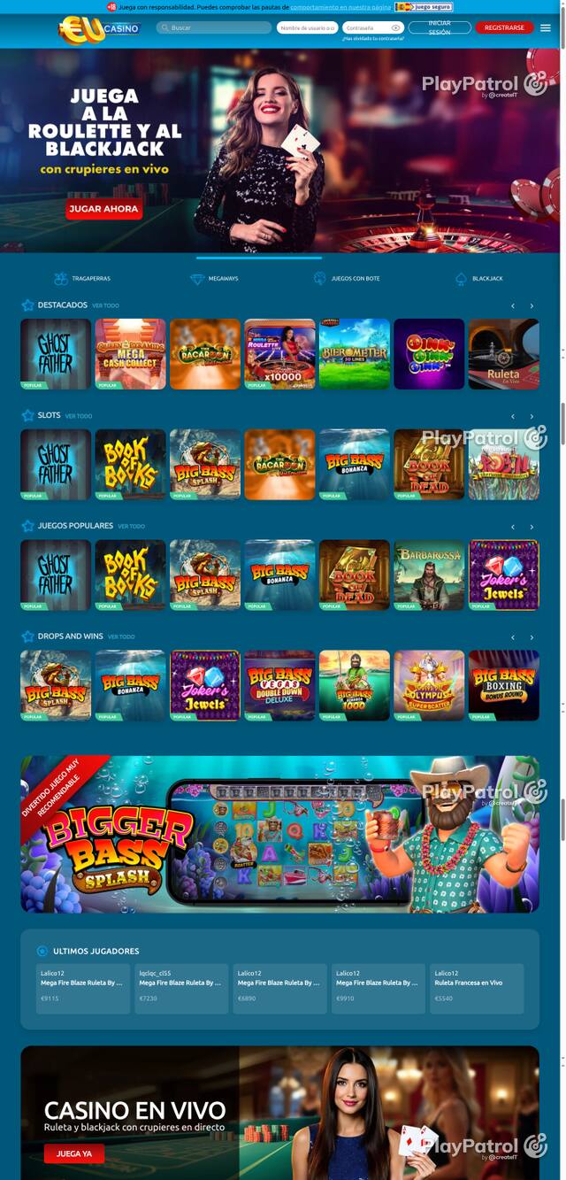 Capture of the front page of EU Casino (eucasino.es) on 24 October 2026