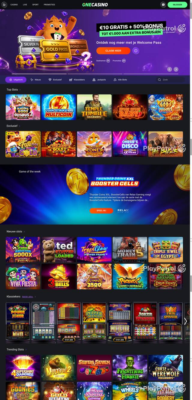 Capture of the front page of One Casino (nl.onecasino.com) on 19 October 2026
