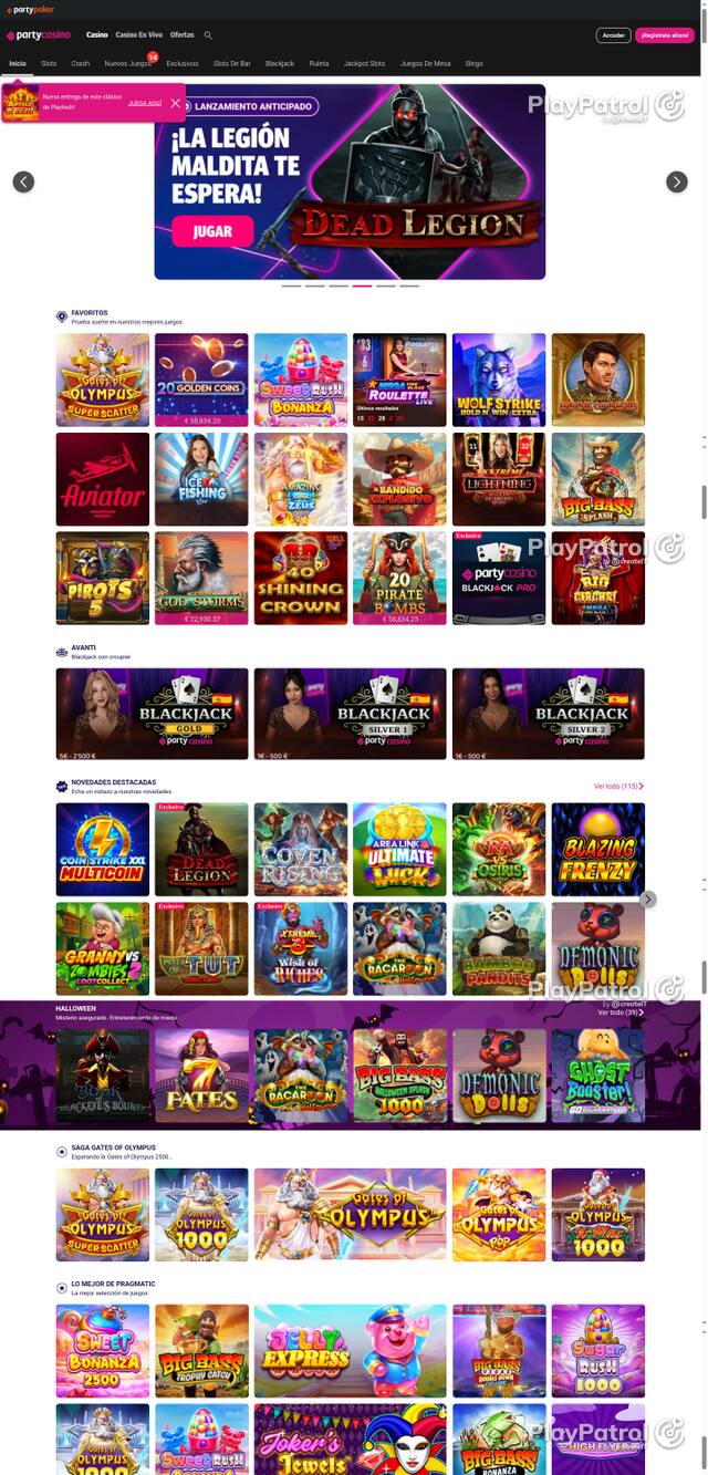 Capture of the front page of PartyCasino (partycasino.es) on 22 October 2026