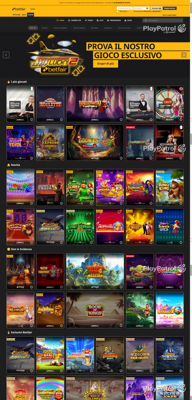 Capture of the front page of Betfair (casino.betfair.it) on 11 October 2026