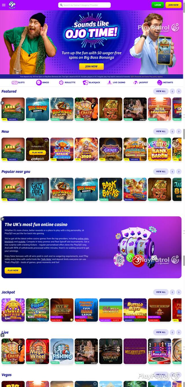Capture of the front page of PlayOJO (playojo.com) on 11 October 2026