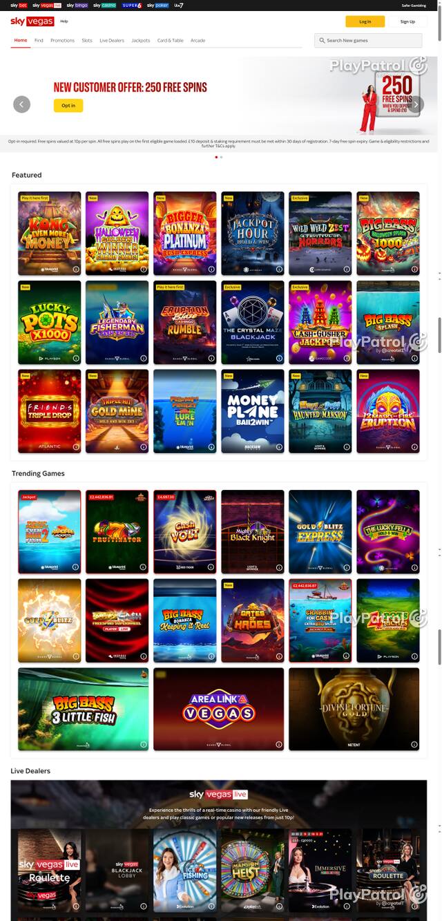 Capture of the front page of Sky Vegas (skyvegas.com) on 25 October 2026