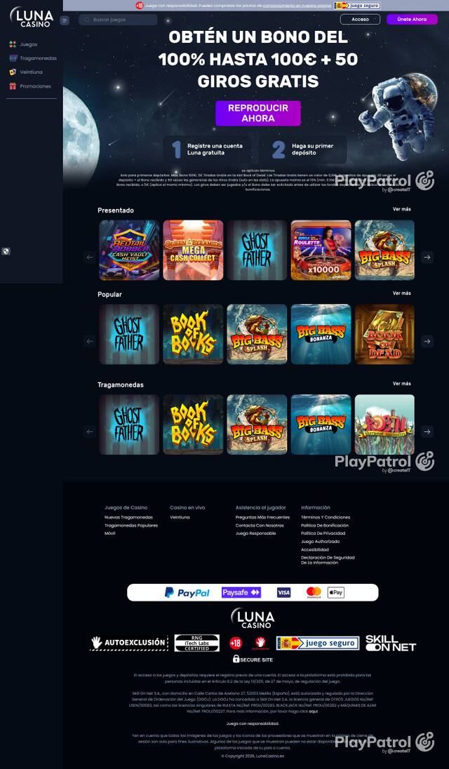 Capture of the front page of Luna Casino (lunacasino.es) on 4 October 2026