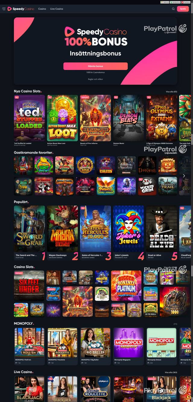 Capture of the front page of speedycasino.com (speedycasino.com) on 16 October 2026