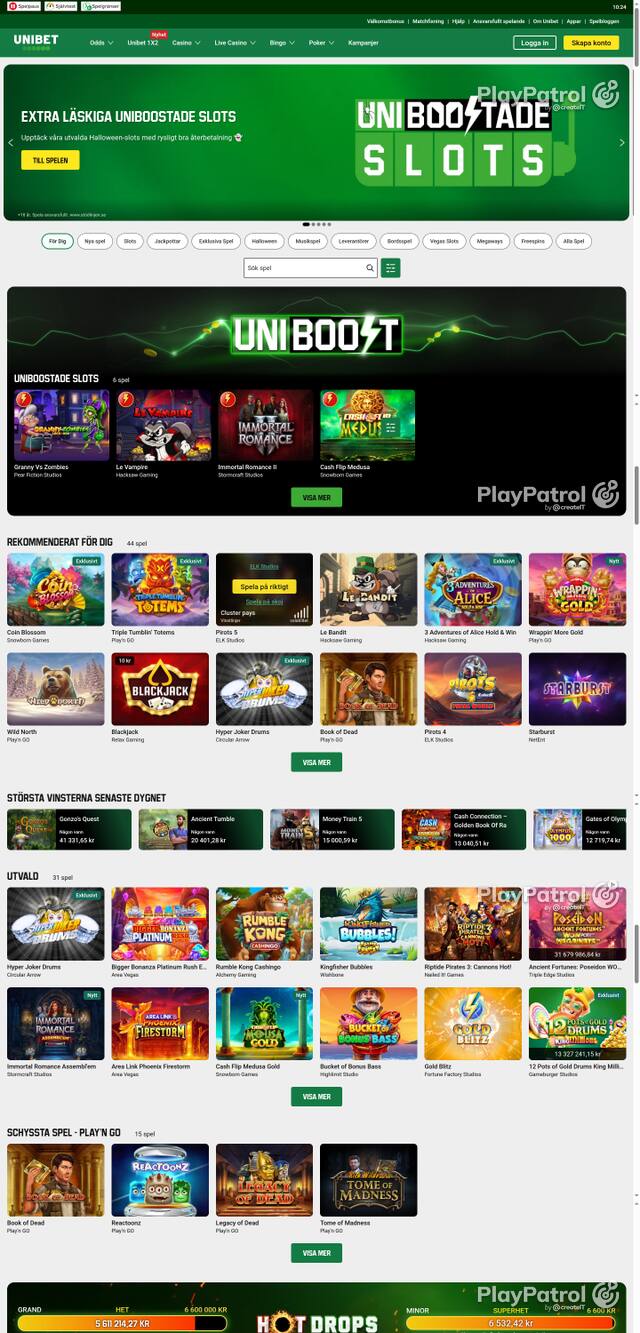 Capture of the front page of unibet.se (unibet.se) on 28 October 2026