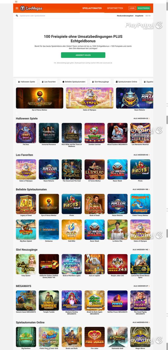 Front page of LeoVegas as captured on 29 October 2026