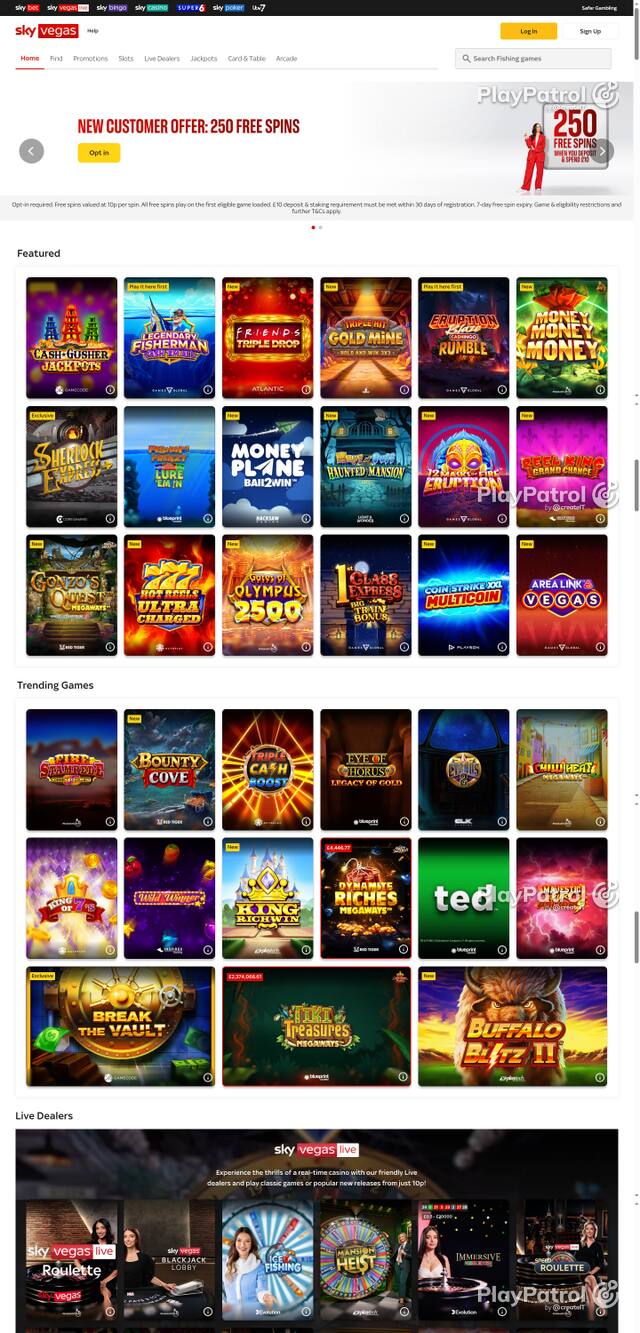 Capture of the front page of Sky Vegas (skyvegas.com) on 19 October 2026