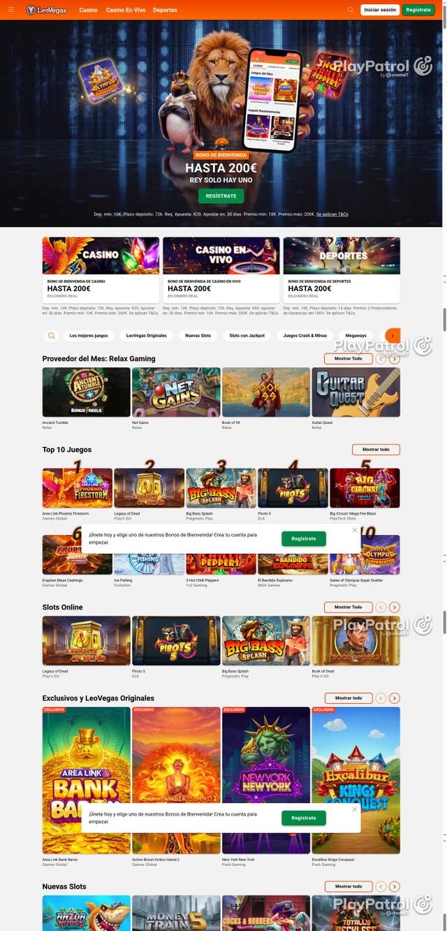 Capture of the front page of LeoVegas (leovegas.es) on 8 October 2026