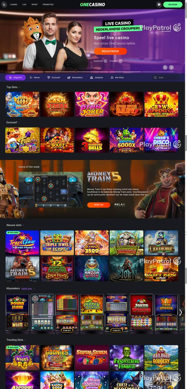 Capture of the front page of One Casino (nl.onecasino.com) on 10 October 2026