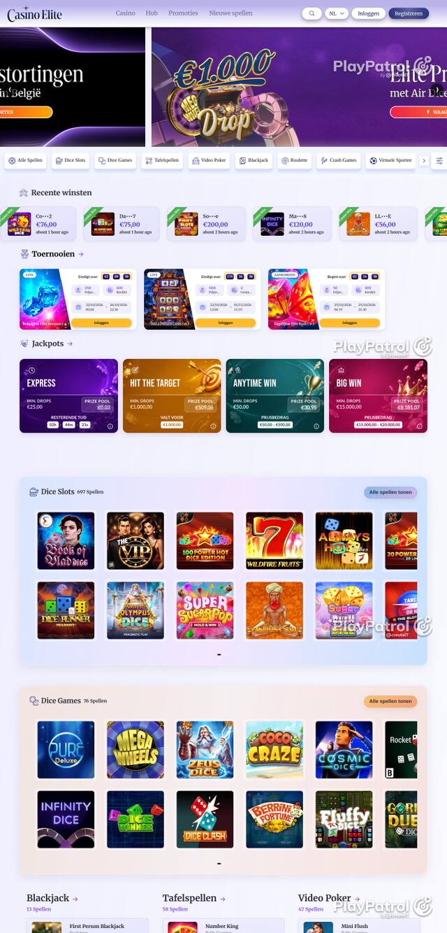 Capture of the front page of casinoelite.be (casinoelite.be) on 25 October 2026