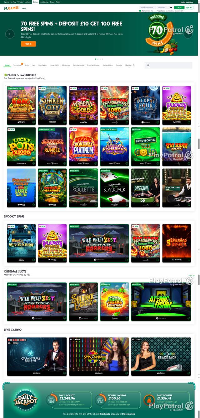 Capture of the front page of Paddy Power Games (games.paddypower.com) on 27 October 2026