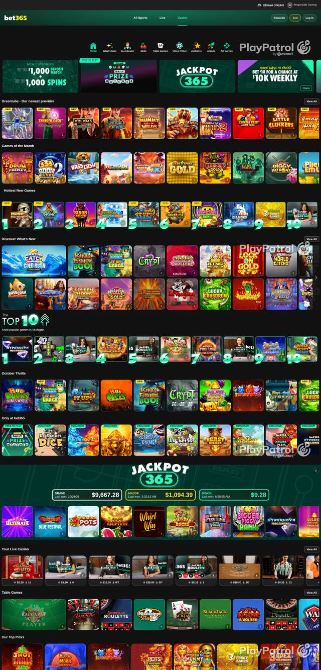 Capture of the front page of casino.mi.bet365.com (casino.mi.bet365.com) on 25 October 2026