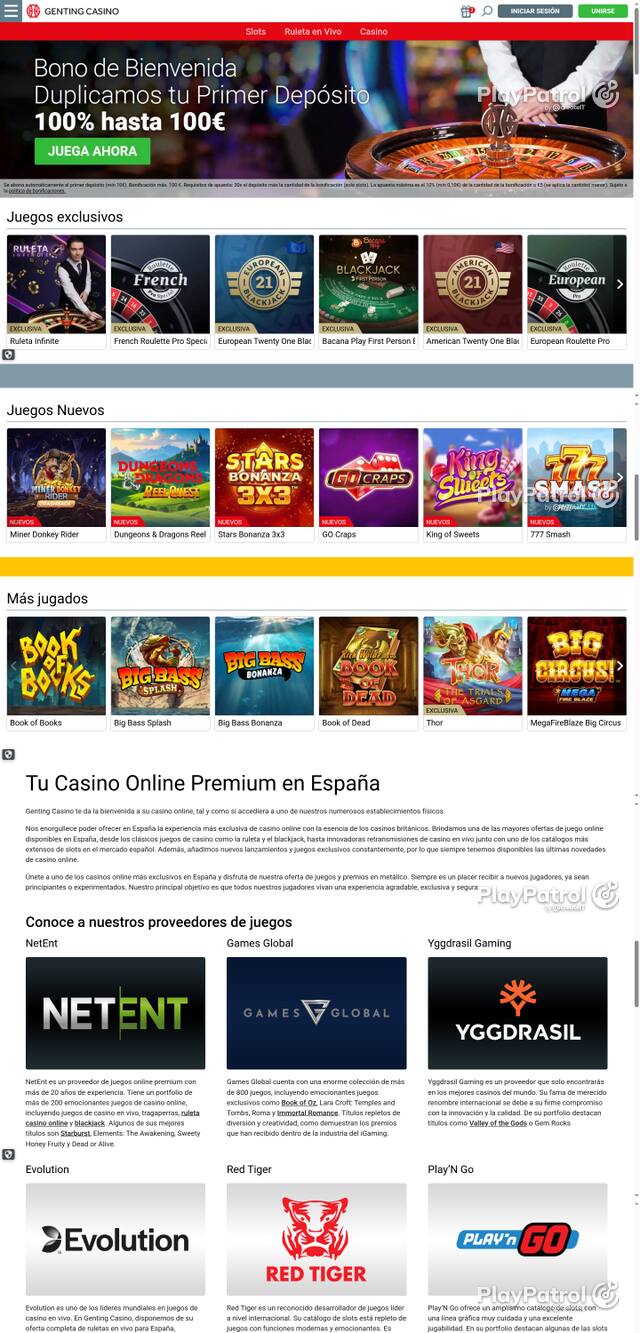 Capture of the front page of Genting Casino (gentingcasino.es) on 14 October 2026