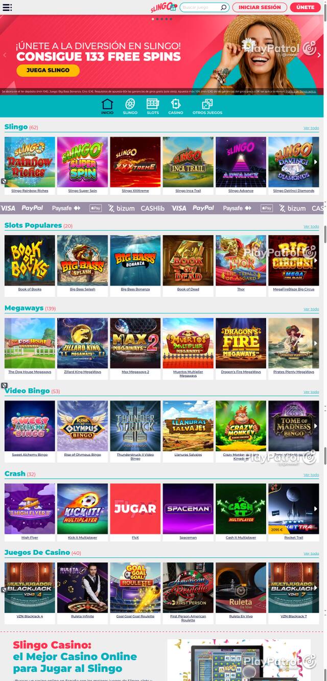 Capture of the front page of Slingo Casino (slingocasino.es) on 13 October 2026