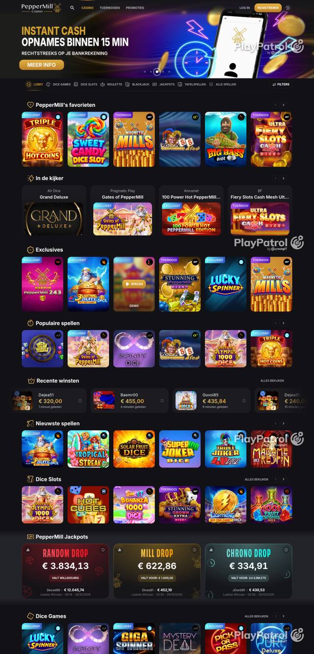 Capture of the front page of peppermillcasino.be (peppermillcasino.be) on 30 October 2026