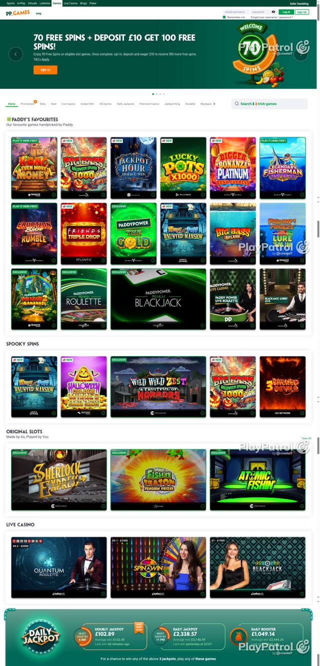 Capture of the front page of Paddy Power Games (games.paddypower.com) on 25 October 2026