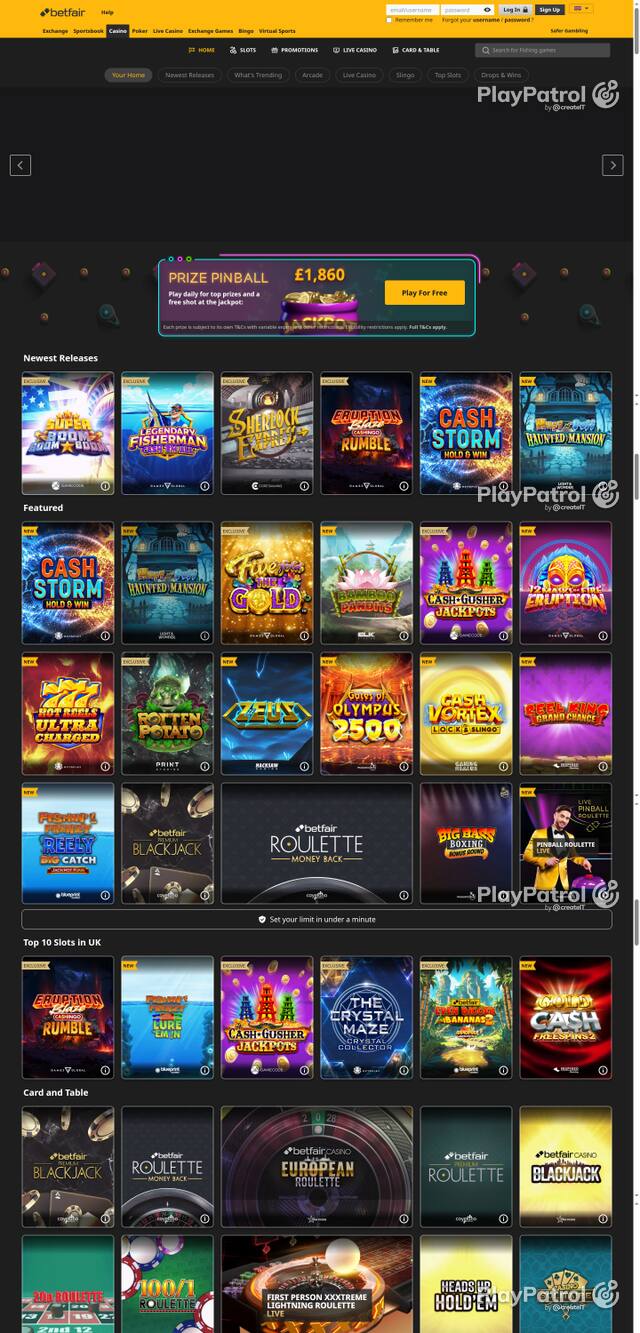 Capture of the front page of Betfair Casino (casino.betfair.com) on 15 October 2026