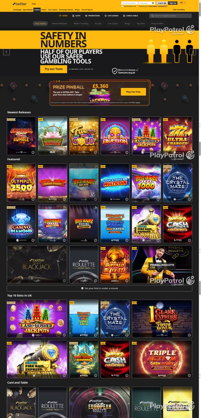 Capture of the front page of Betfair Casino (casino.betfair.com) on 7 October 2026