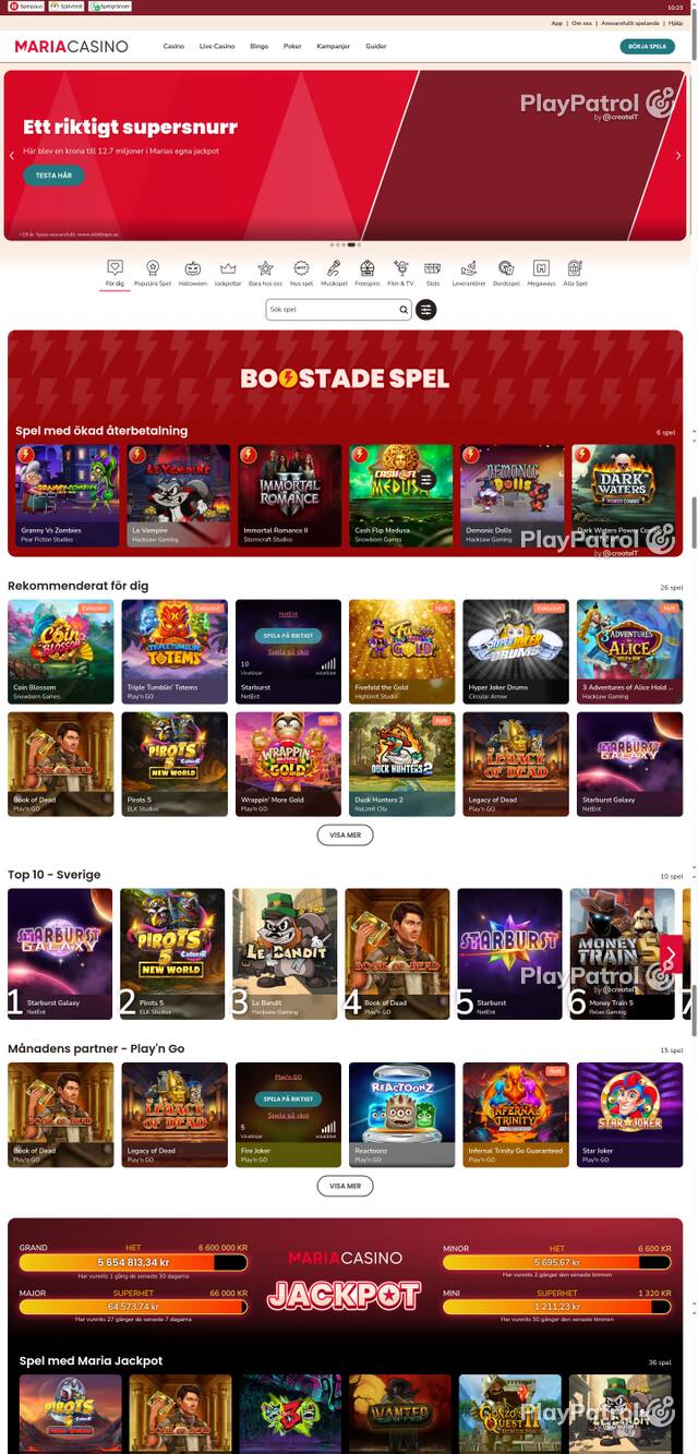 Front page of mariacasino.se as captured on 29 October 2026