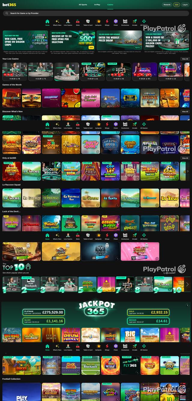 Front page of bet365 Casino as captured on 30 October 2026