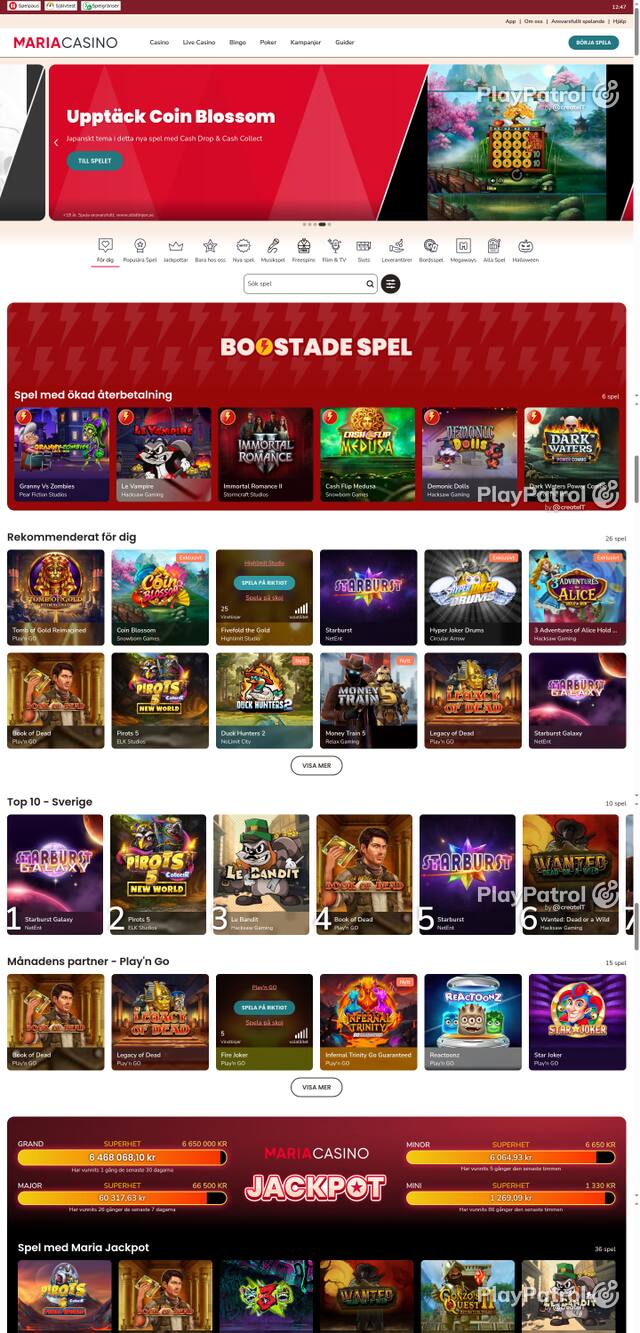 Capture of the front page of mariacasino.se (mariacasino.se) on 23 October 2026