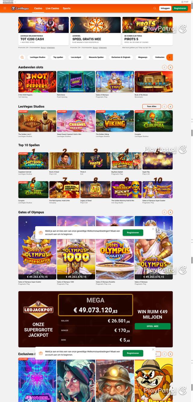 Capture of the front page of LeoVegas Casino Nederland (leovegas.nl) on 14 October 2026