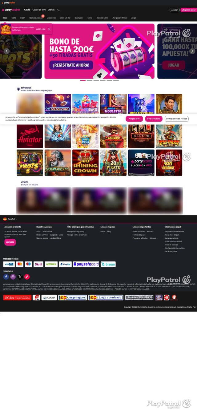 Homepage capture of PartyCasino recorded during the scan