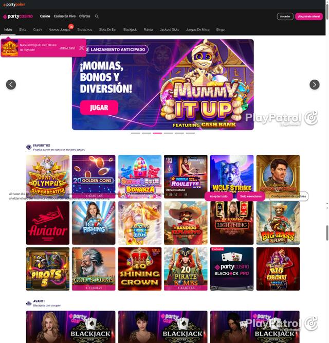 Capture of the front page of PartyCasino (partycasino.es) on 5 October 2026