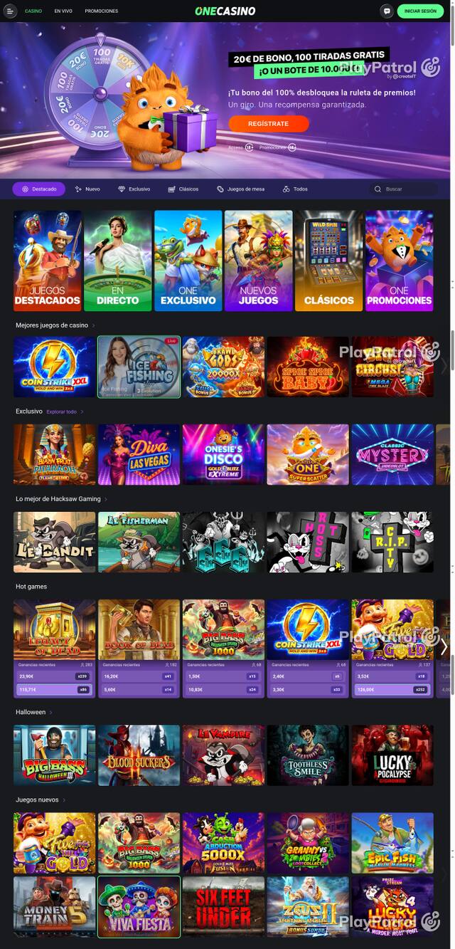 Capture of the front page of One Casino (onecasino.es) on 28 October 2026