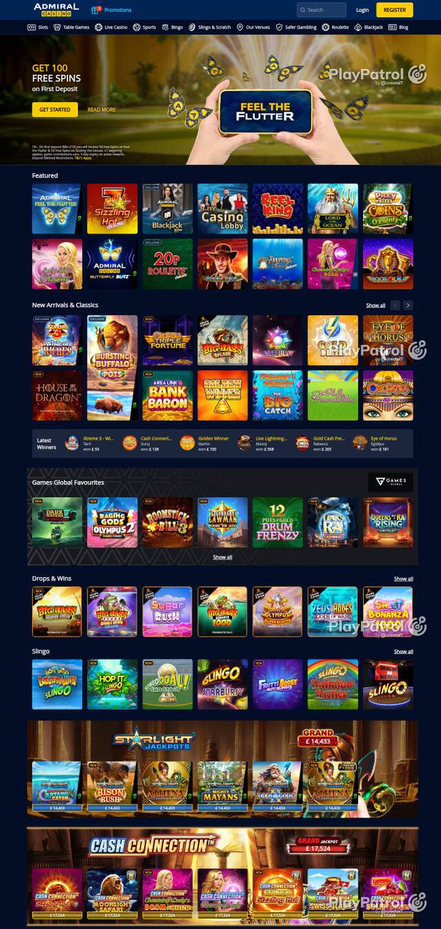 Homepage capture of Admiral Casino recorded during the scan