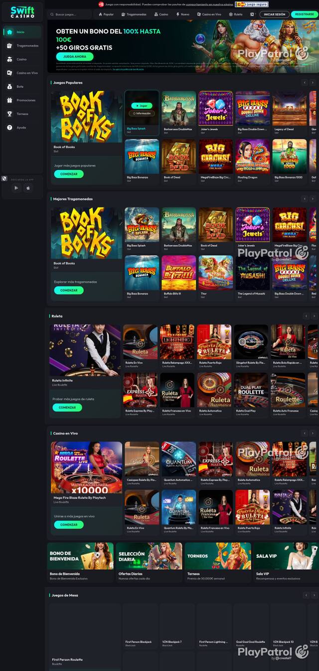 Homepage capture of Swift Casino recorded during the scan